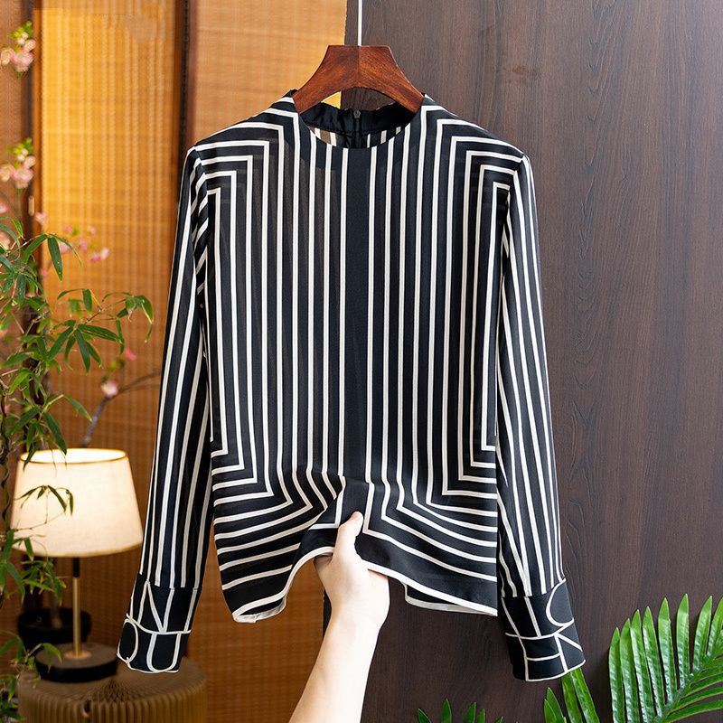 Chiffon Long Sleeves Shirts Women Striped Blouses Soft Breathable and Comfortable Casual Korea Fashion O-Neck Summer Zipper Tops