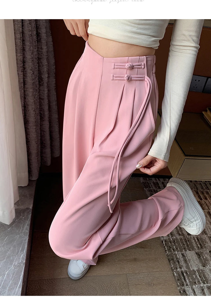 High Waist Buttons Suit Wide Leg Women's Full Pants 2024 New Spring Summer Female Elegant Minimalism Straight Loose Trousers