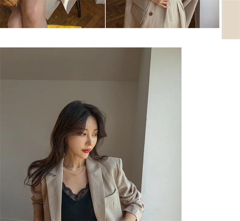 Flax Suit Women's Spring Summer 2023 New Casual Thin Cotton  Linen Small Blazers+shorts Two-piece Sets Comfortable Khaki Suits