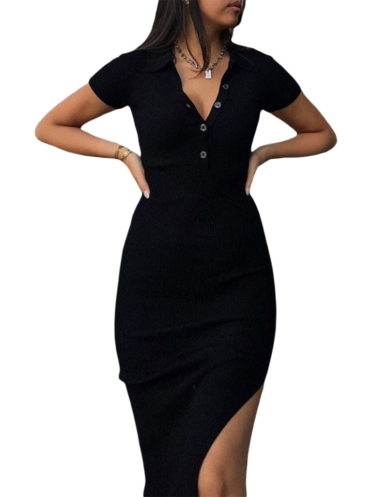 Women Button Down Bodycon Maxi Dress Short Sleeve Collar V Neck Split Long Sweater Dress Ribbed Knit Pencil Dress