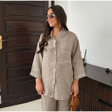 Load image into Gallery viewer, Causal Linen With Pocket Shirt Pants Suits Women Wide Leg Pants Long Sleeves Shirt Sets Ladies Loose High Street 2 Piece Outfits