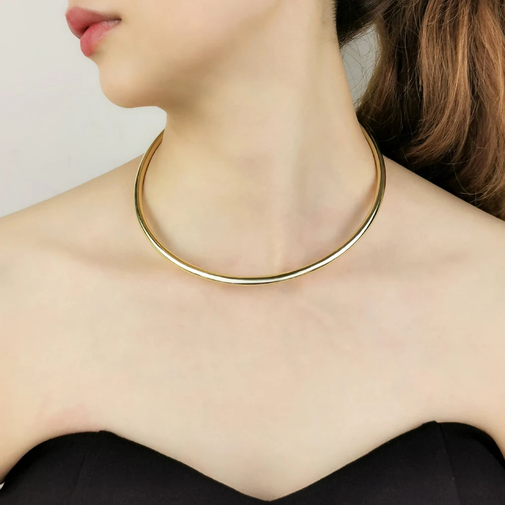 Copper Metal Collar Choker Necklace Round Torque Necklace For Women Simple Fashion Jewelry Gold Color Wide Chocker