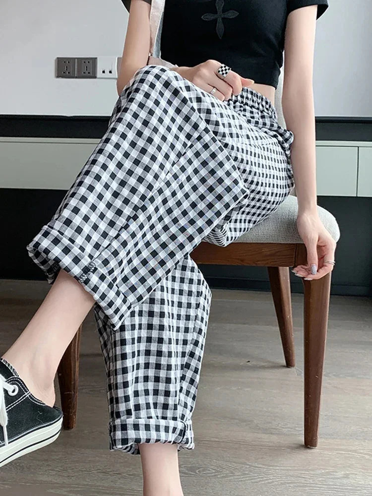 New Women's Checkered Cotton Hemp High Waist Casual Haren Pants Summer Korean Fashion Loose Women Seven Split Wide Leg Pants