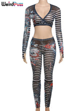 Load image into Gallery viewer, Weird Puss Sexy See Through Women 2 Piece Set Dragon Print Midnight Knot Low-Neck Crop Tops+Leggings Clubwear Matching Outfits