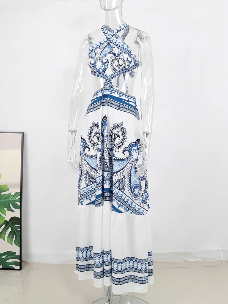 New Bohemian Sexy Printed Women Dresses Halter Sleeveless Backless Naked Waist Long Dress Fashion Summer Beach Holiday Robe