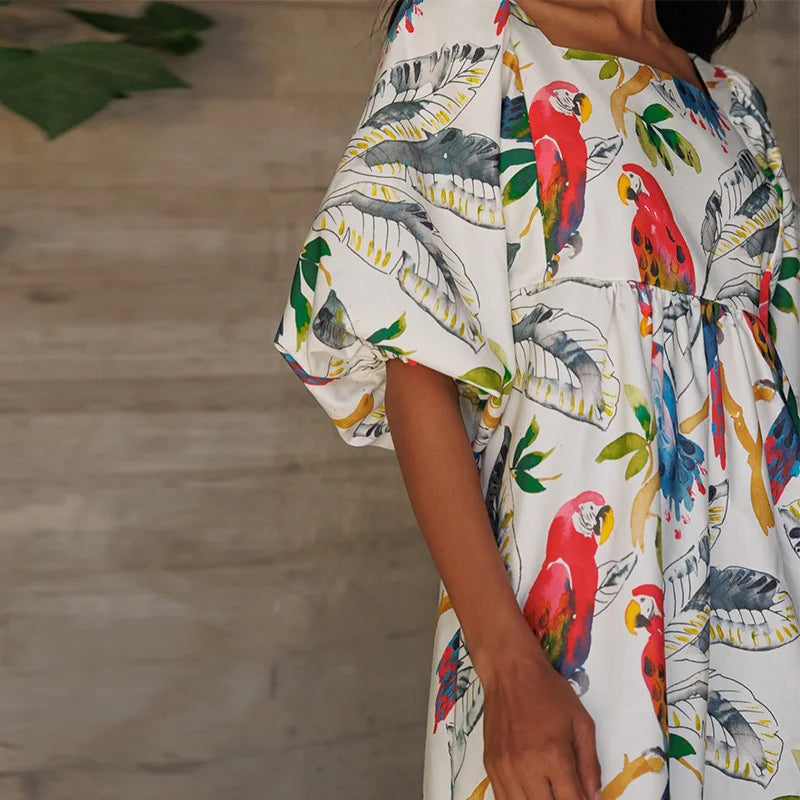 Vintage Print Patchwork Long Dresses Women Fashion Lantern Shorts Sleeves Loose Maxi Dress 2024 Lady Casual Vacation Streetwear