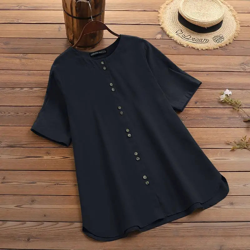 ZANZEA Summer Casual Loose Tunic Tops Women Vintage OL Shirt O Neck Short Sleeve Blouse Solid Cotton Blusas Buttons Down Chemise