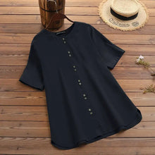 Load image into Gallery viewer, ZANZEA Summer Casual Loose Tunic Tops Women Vintage OL Shirt O Neck Short Sleeve Blouse Solid Cotton Blusas Buttons Down Chemise