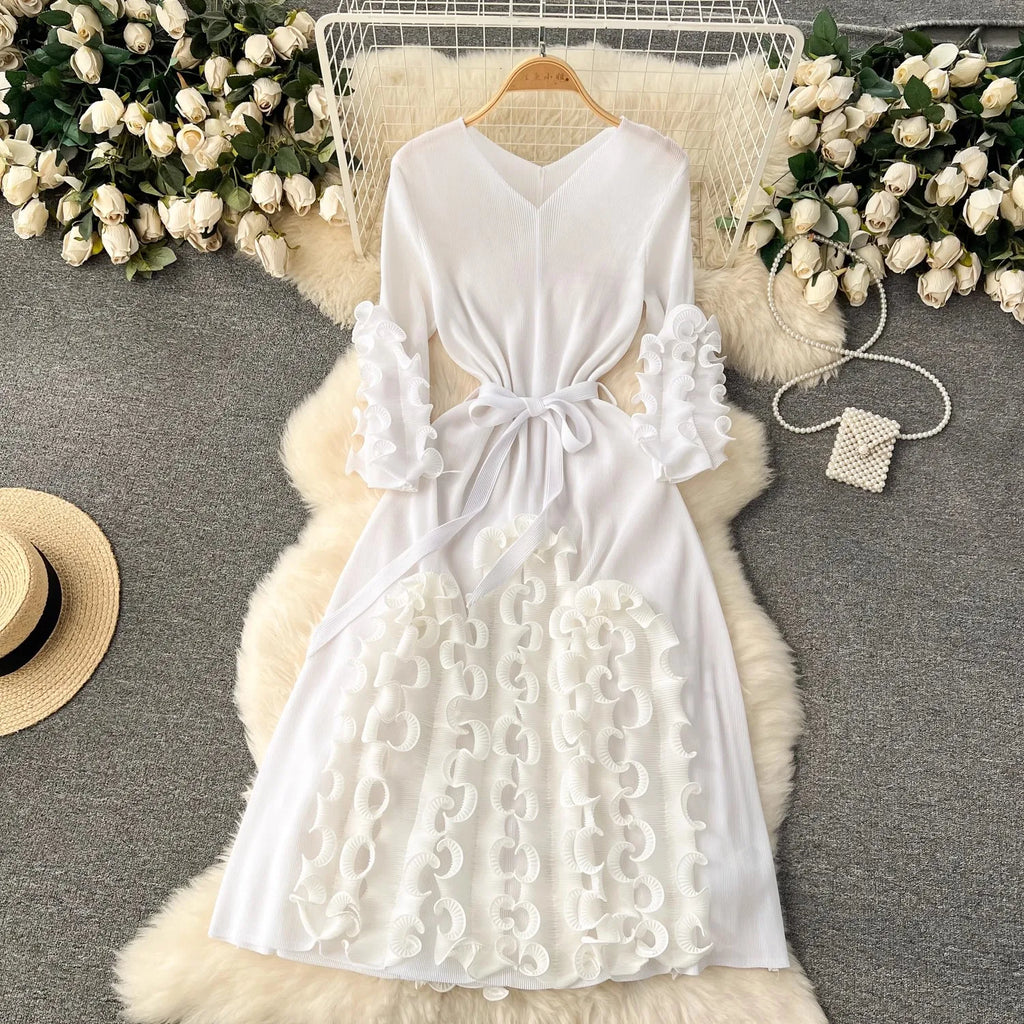 Summer Holiday 3D Ruffled Edge Draped Pleated Dress Women's V Neck Solid Color Oversized High Sretch Lace Up Party Vestidos