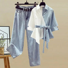 Load image into Gallery viewer, Women&#39;s Summer New in Matching Set Korean Elegant Splice Fake Two Piece Shirts+Jeans Suit 2023 Chic Blouse Denim Trousers Suits