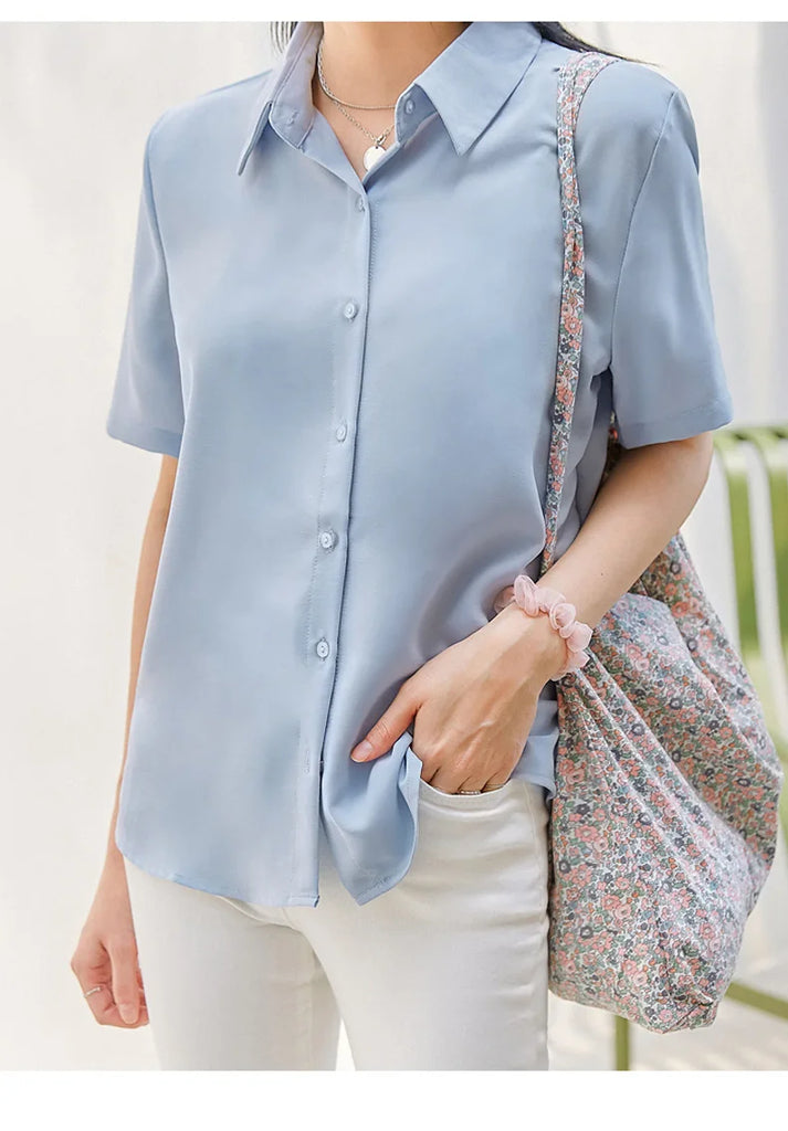 New Women'S Summer Lapel Short Sleeved Slimming Casual Versatile Shirt Female Comfortable Thin Fashionable Professional Top