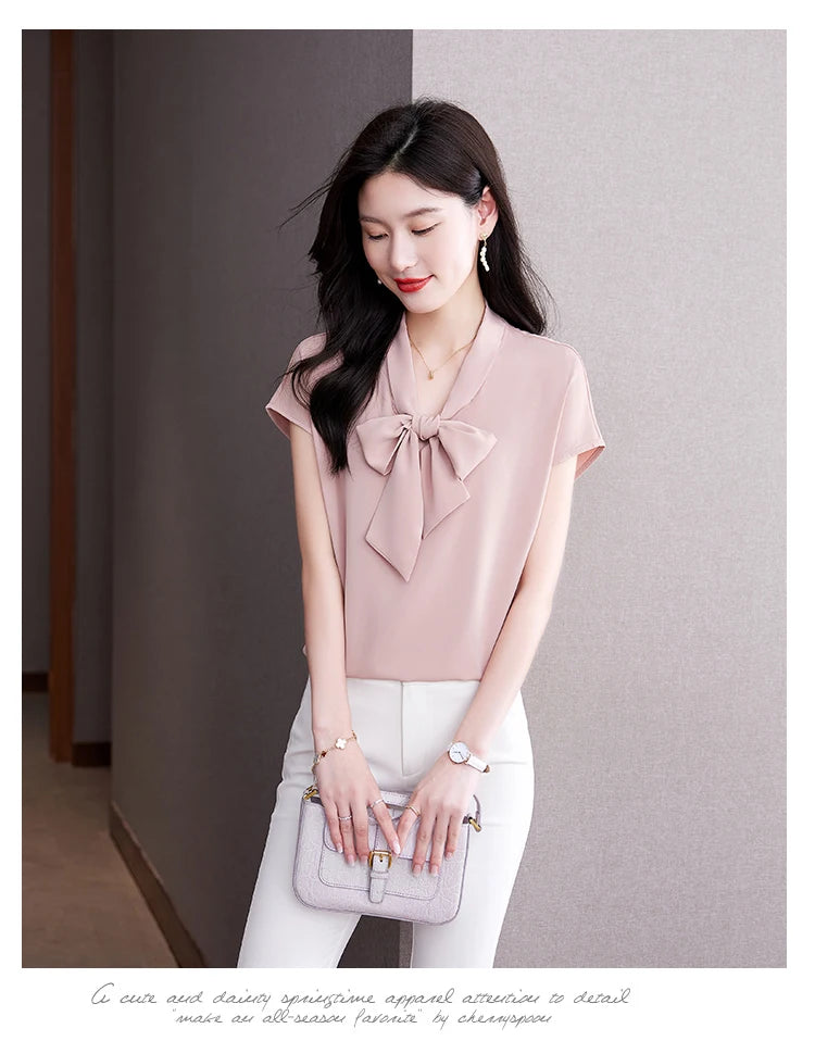 Bow Tie Blouse Shirt for Women OL Elegant Blouses Satin Womens Tops Silk Female Clothing 2023 Korean Fashion Short Sleeve Blouse