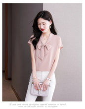 Load image into Gallery viewer, Bow Tie Blouse Shirt for Women OL Elegant Blouses Satin Womens Tops Silk Female Clothing 2023 Korean Fashion Short Sleeve Blouse