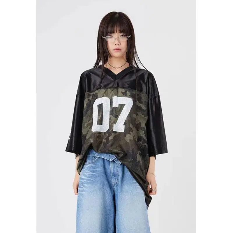 Vintage Camouflage Short Sleeve Jersey Women Loose Hip Hop V-Neck T-Shirts 2024 Summer High Street American Half Sleeve Tide Top