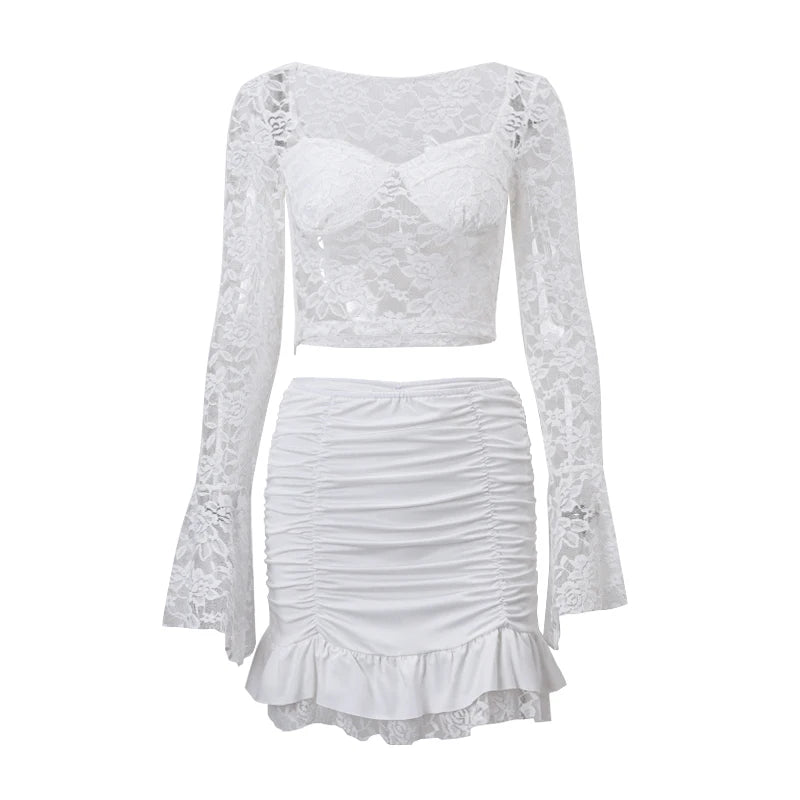 Xeemilo French Elegant Lace See-through Long Sleeve Crop Top With Ruched Slim Skinny Mini Skirts Evening Party Women 2 Piece Set