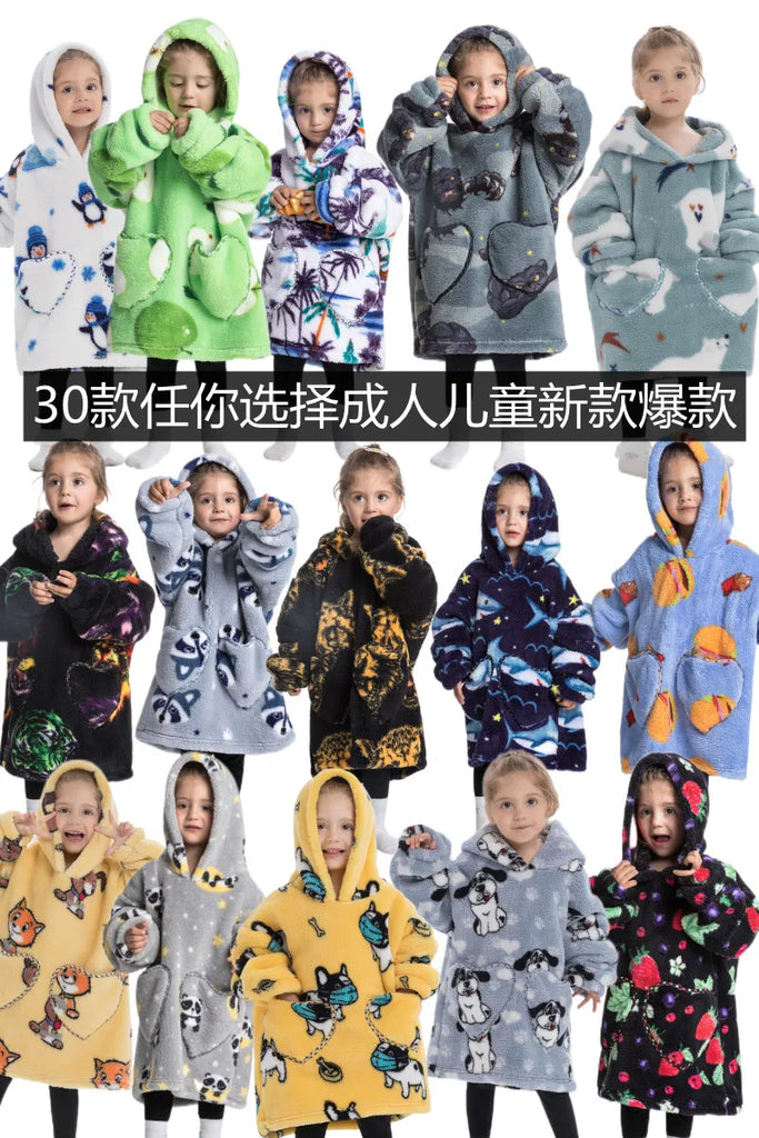 Flannel Blanket with Sleeves Winter Hoodies Sweatshirt   Fleece Giant Wearable Blanket Hoodie Oversized for adults kids babys