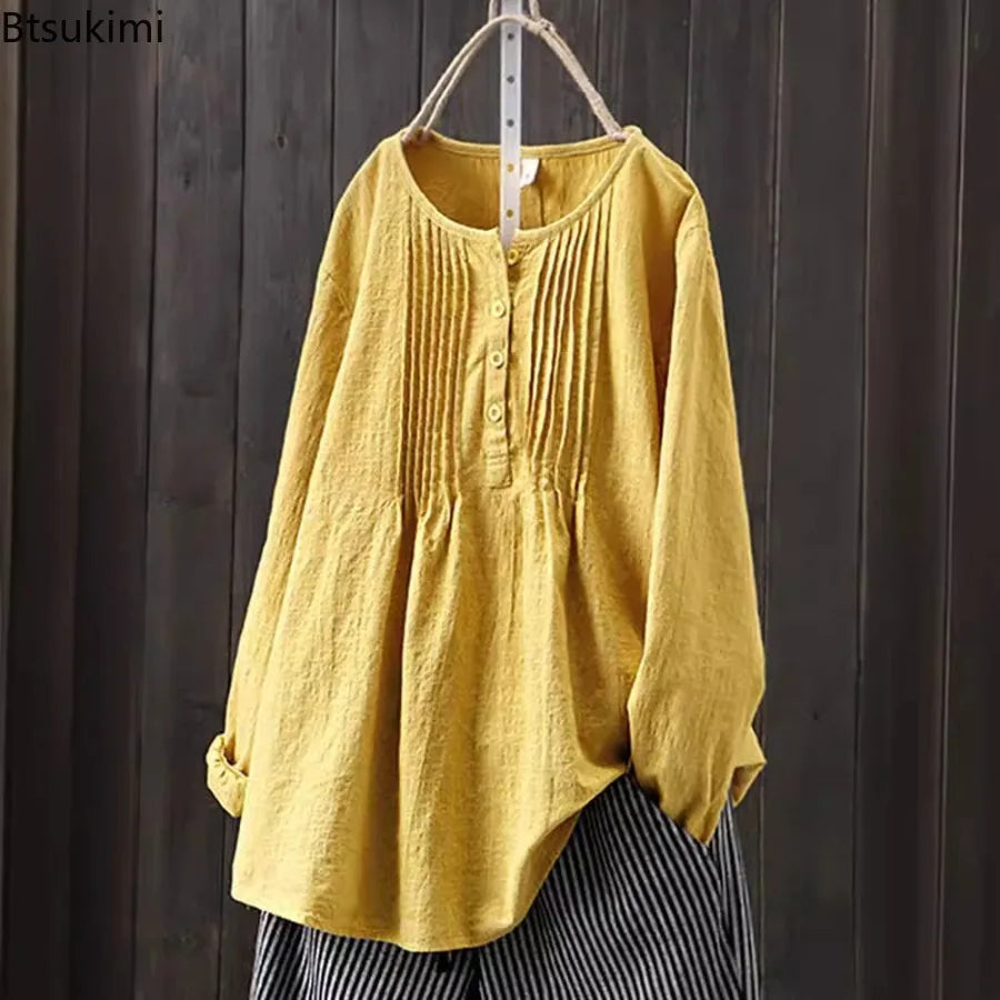 2024 Korean Style Temperament Blouse for Women Fashion O-neck Pleated Long-sleeved Casual Shirts Females Loose Cotton Linen Tops