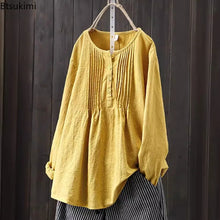 Load image into Gallery viewer, 2024 Korean Style Temperament Blouse for Women Fashion O-neck Pleated Long-sleeved Casual Shirts Females Loose Cotton Linen Tops