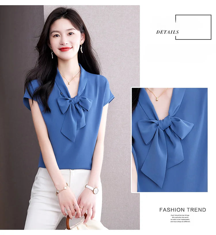 Bow Tie Blouse Shirt for Women OL Elegant Blouses Satin Womens Tops Silk Female Clothing 2023 Korean Fashion Short Sleeve Blouse