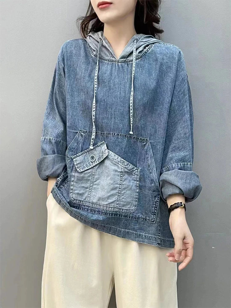 Max LuLu 2024 Spring Fashion Denim Hoodies Womens Vintage Hooded Classic Loose Sweatshirts Ladies Harajuku Casual Korean Clothes