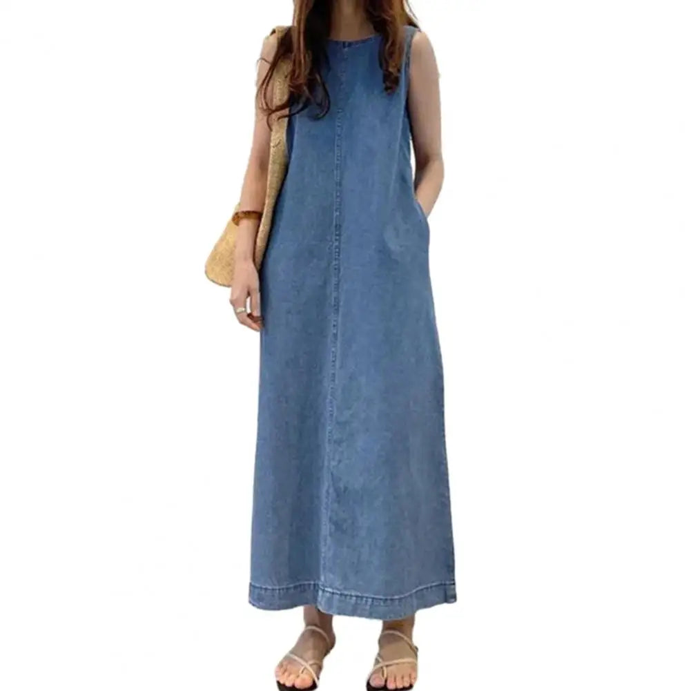 Femme Fashion Casual Loose Long Maxi Sundress Pleated Denim Vestido Sleeveless Robe Women Summer A Line Dress Overszie