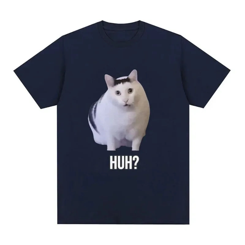 Cat Saying Huh? Funny Meme T-shirt Men Women 100% Cotton Breathable Short Sleeve Oversized T Shirts Fashion Harajuku Tee Shirt