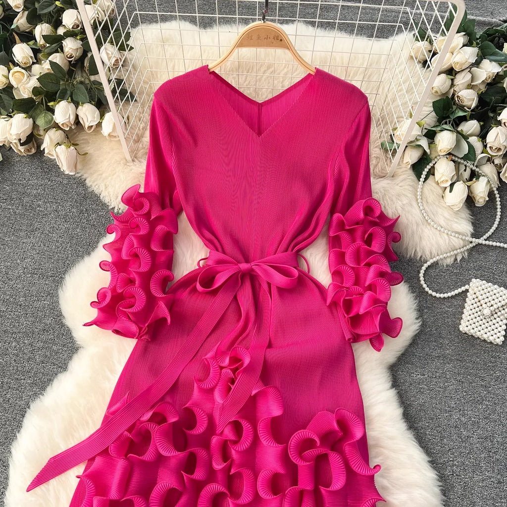 Summer Holiday 3D Ruffled Edge Draped Pleated Dress Women's V Neck Solid Color Oversized High Sretch Lace Up Party Vestidos