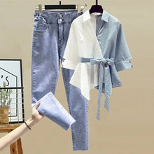 Load image into Gallery viewer, Women&#39;s Summer New in Matching Set Korean Elegant Splice Fake Two Piece Shirts+Jeans Suit 2023 Chic Blouse Denim Trousers Suits