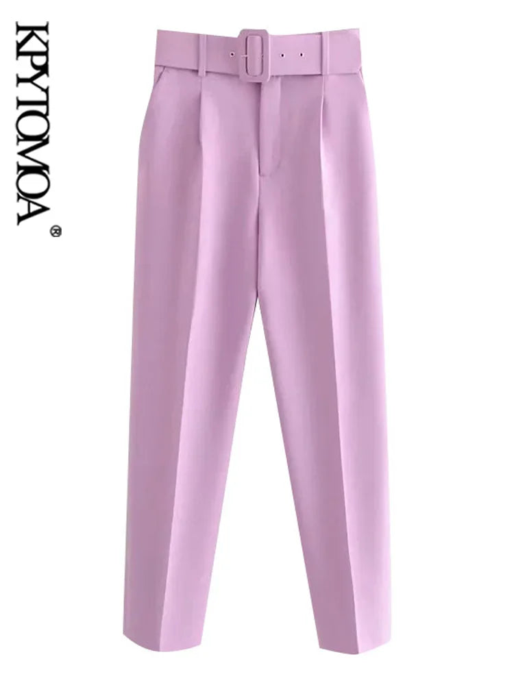 KPYTOMOA Women Fashion With Belt Side Pockets Office Wear Pants Vintage High Waist Zipper Fly Female Ankle Trousers Mujer