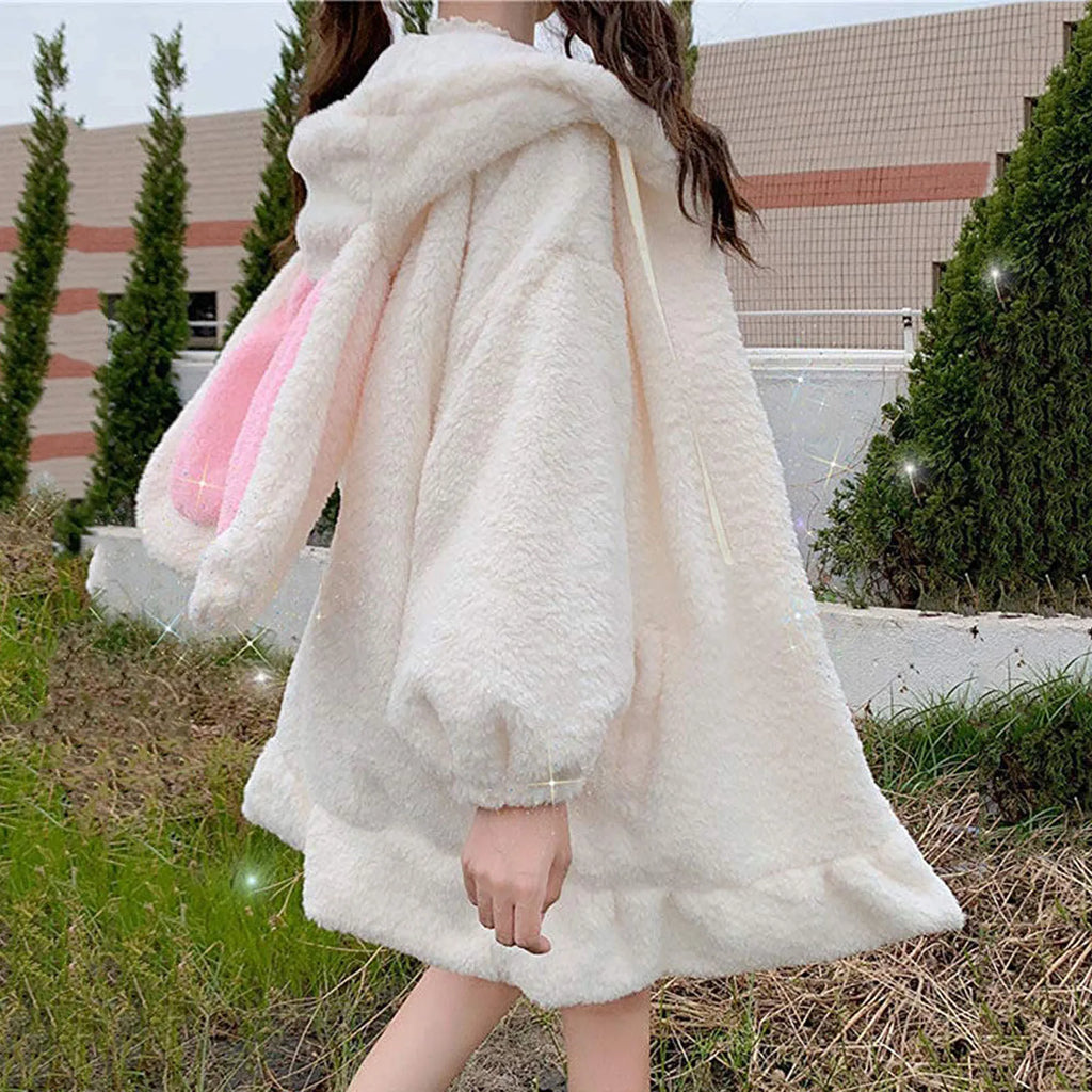 Flannel Bunny Ears Hoodies For Woman Winter Kawaii Women's Sweatershirt Fluffy Warm Winter Pullover Rabbit Jumper Hoddie