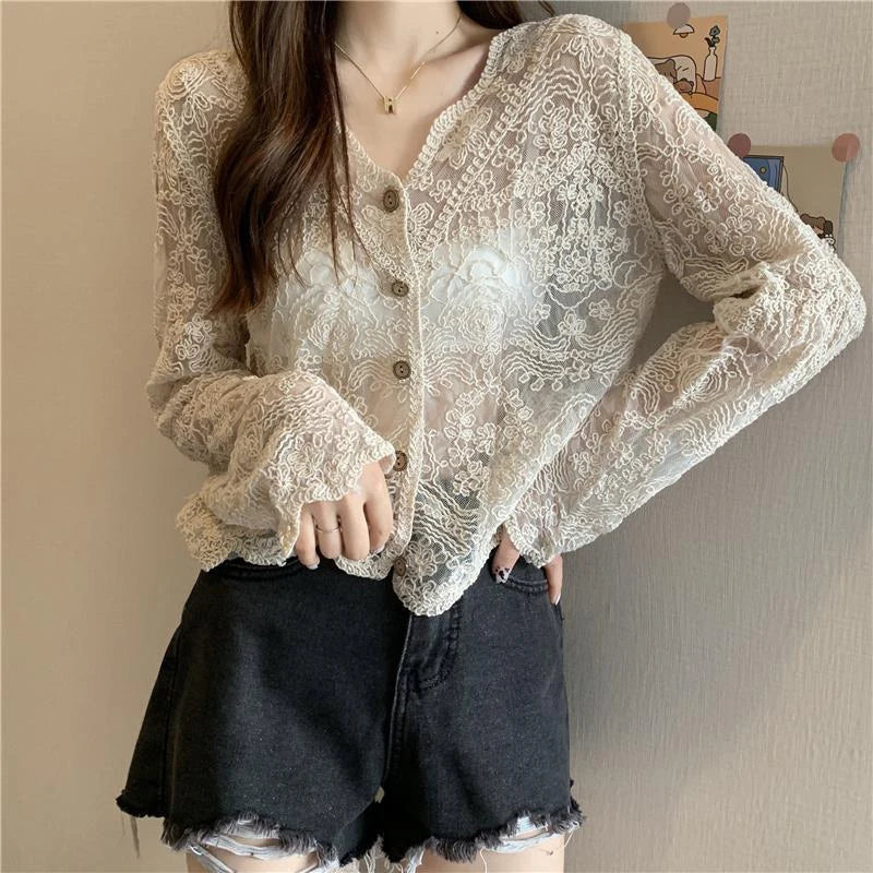 MEXZT Vintage Lace Blouse Women Sheer Long Sleeve Sunscreen Shirt Cardigan Vacation Korean Elegant Casual Sun Protection Top