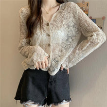 Load image into Gallery viewer, MEXZT Vintage Lace Blouse Women Sheer Long Sleeve Sunscreen Shirt Cardigan Vacation Korean Elegant Casual Sun Protection Top