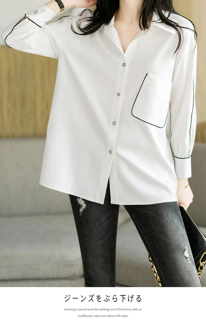 CJFHJE Elegant Solid Blouse Women Laple Loose Single Breasted Long Sleeve Shirt Female Korean Fashion New Casual Spring Clothes