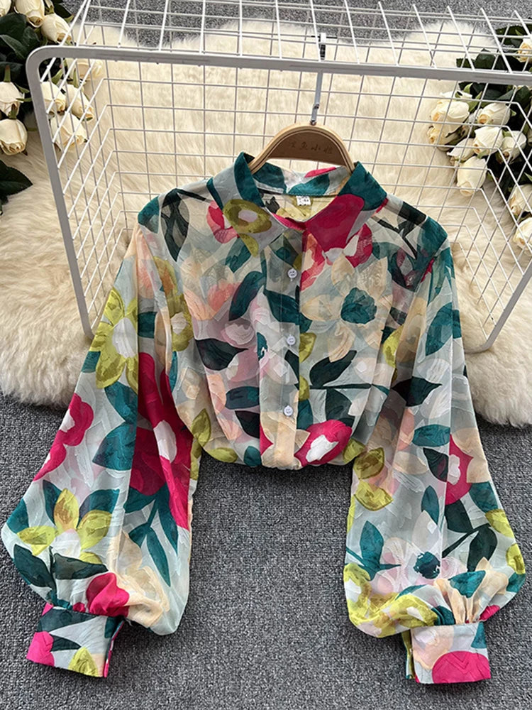 Spring Autumn Temperament Fashion Retro Chiffon Floral Blouses Print Loose Lapel Puff Sleeve Top Button Up Shirt Female GD611