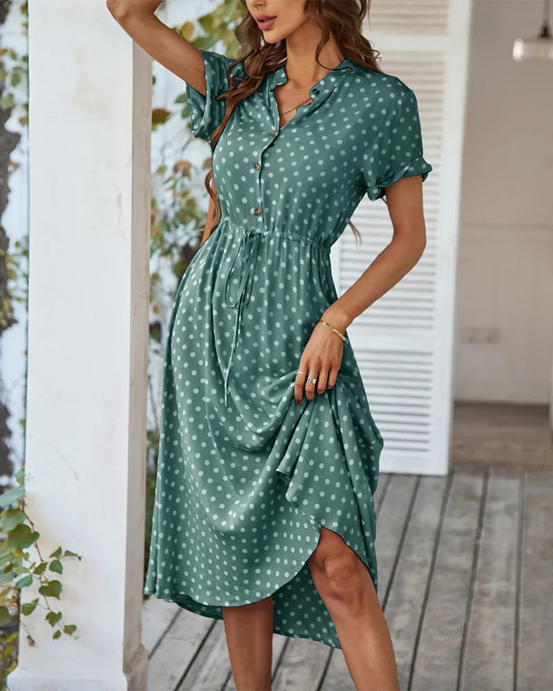 Ladies Polka Dot Print Shirt Dress Women Casual Midi Holiday Summer Dress Female Loose Women Beach Dress Sundress Robe Vestidos