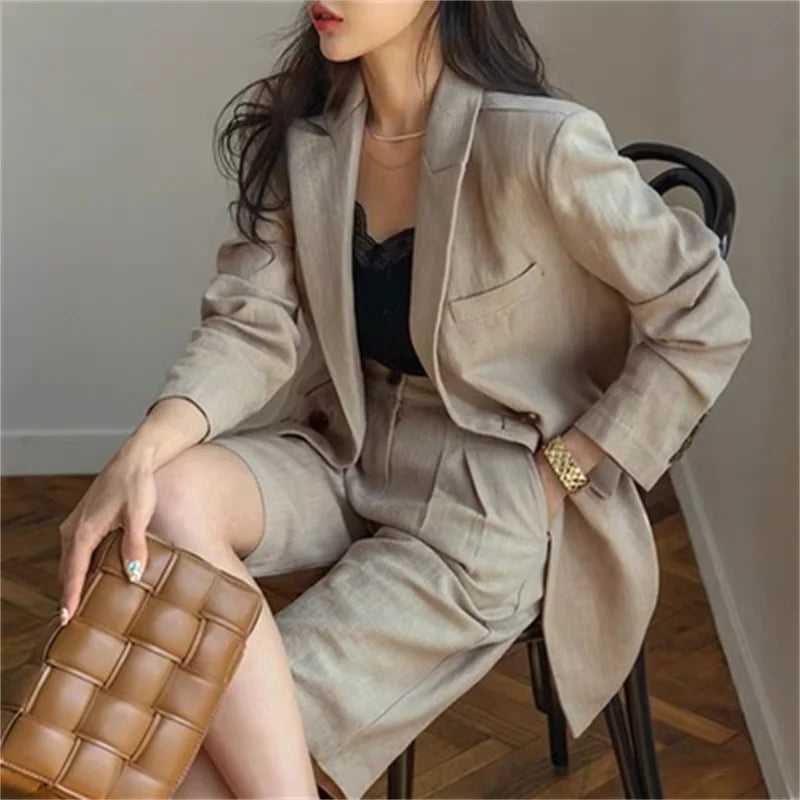 Flax Suit Women's Spring Summer 2023 New Casual Thin Cotton  Linen Small Blazers+shorts Two-piece Sets Comfortable Khaki Suits