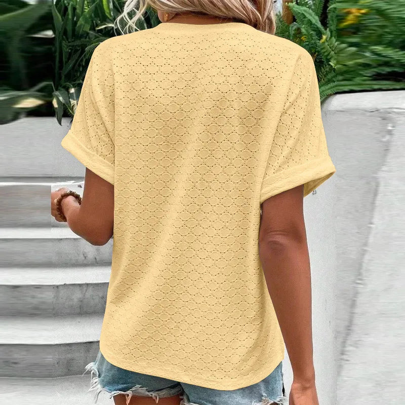 2023 New Fashion Women Blouses Casual Jacquard Button V-Neck Solid Loose Shirts Summer Short Sleeve Oversized Tops Female