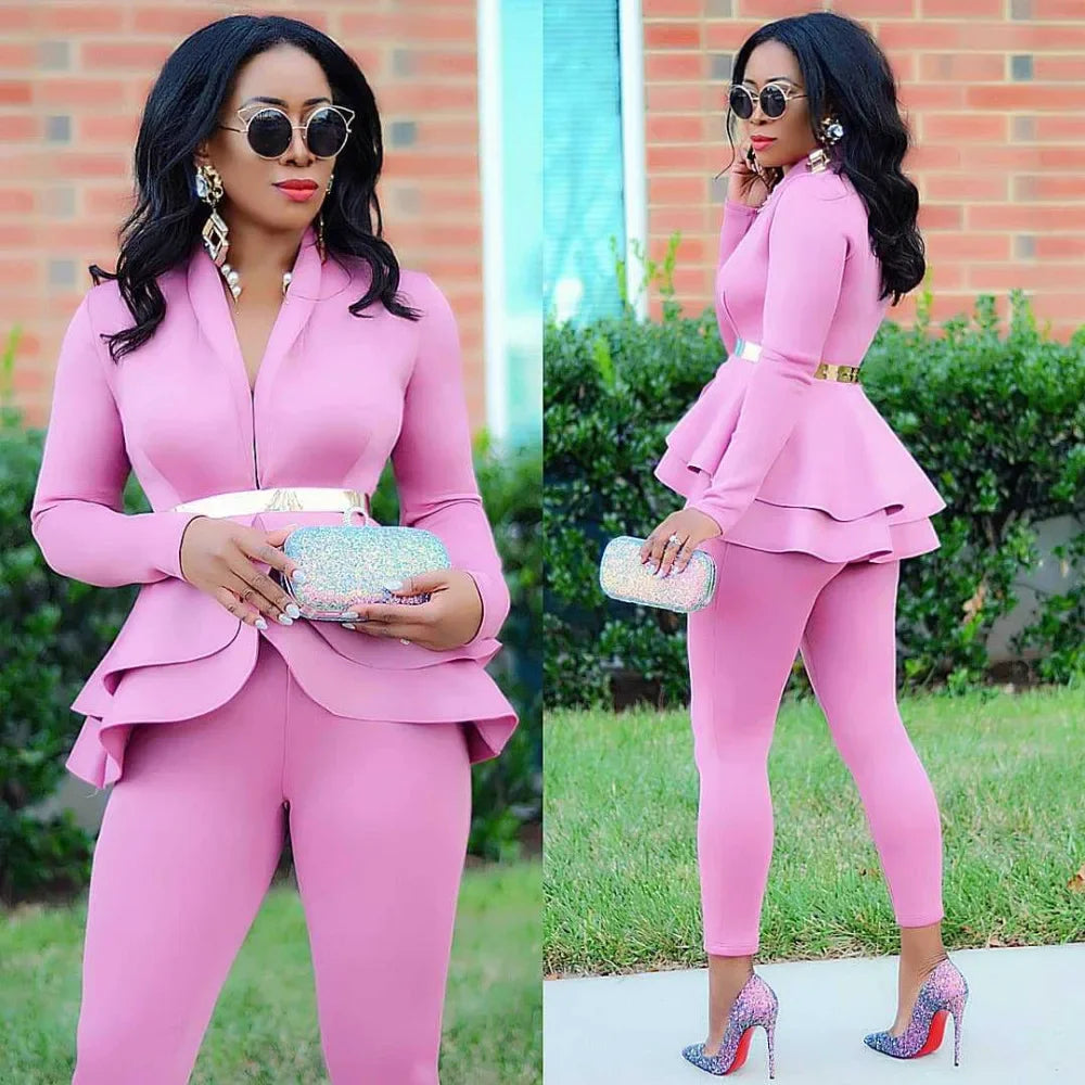 Women Fashion Women's Set Tracksuit Full Sleeve Ruffles Blazers Pants Suit Two Piece Set Office Lady Business Wear Uniform