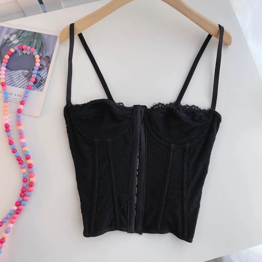 Sexy Embroidery Lace Women Camis Tops Women Corset Bralette Cami Front Buttons Crop Cute Vest Elegant French Chic Party Clubwear