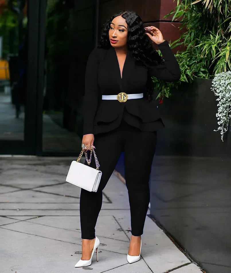 Women Fashion Women's Set Tracksuit Full Sleeve Ruffles Blazers Pants Suit Two Piece Set Office Lady Business Wear Uniform