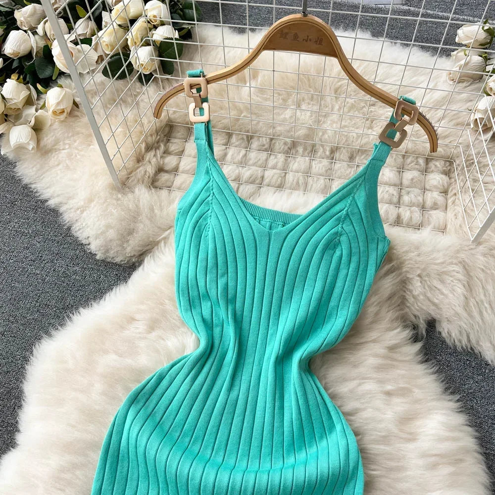 Knitted Summer Women Solid Dress 2024 Slim V Neck Elegant Sexy Vacation Fashion Ladies A Line Midi Dresses