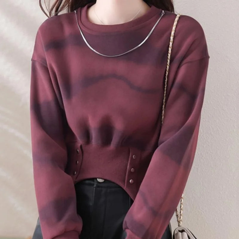 New Style Autumn and Winter Women's Tie Dye O-Neck Long Sleeve Short Button Slim Plush Pullovers Fashion Casual Korean Tops