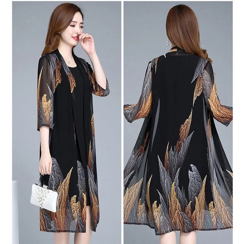 Women Chiffon Dress Set  Summer 2 Piece Set Fashion Sunscreen Cardigan Jacket Mother Elegant Lace Dress Suit Noble Femme 4XL