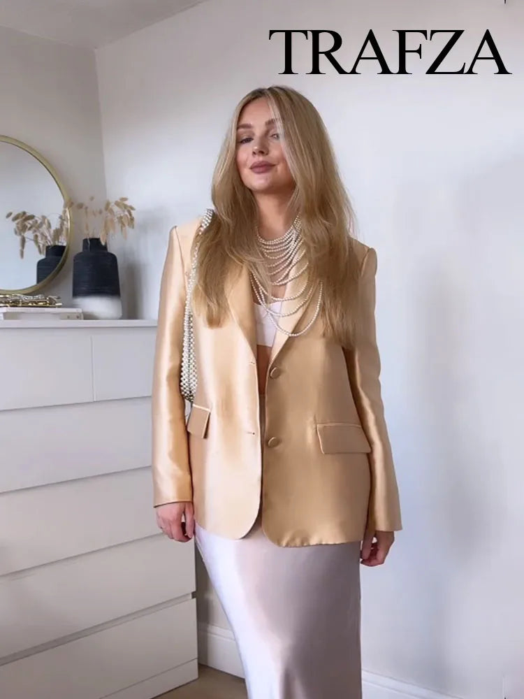 TRAFZA Spring Fashion Women Blazer Tops Gold Turn-Down Collar Long Sleeves Pockets Single Breasted Female Chic Coats Office Lady