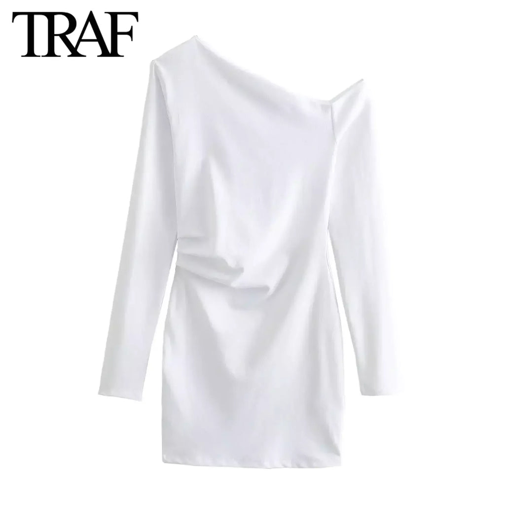 TRAF Women Fashion Spring New Long-sleeved Fold White Asymmetric Dress French Chic Female Sexi Mini Evening Clothing