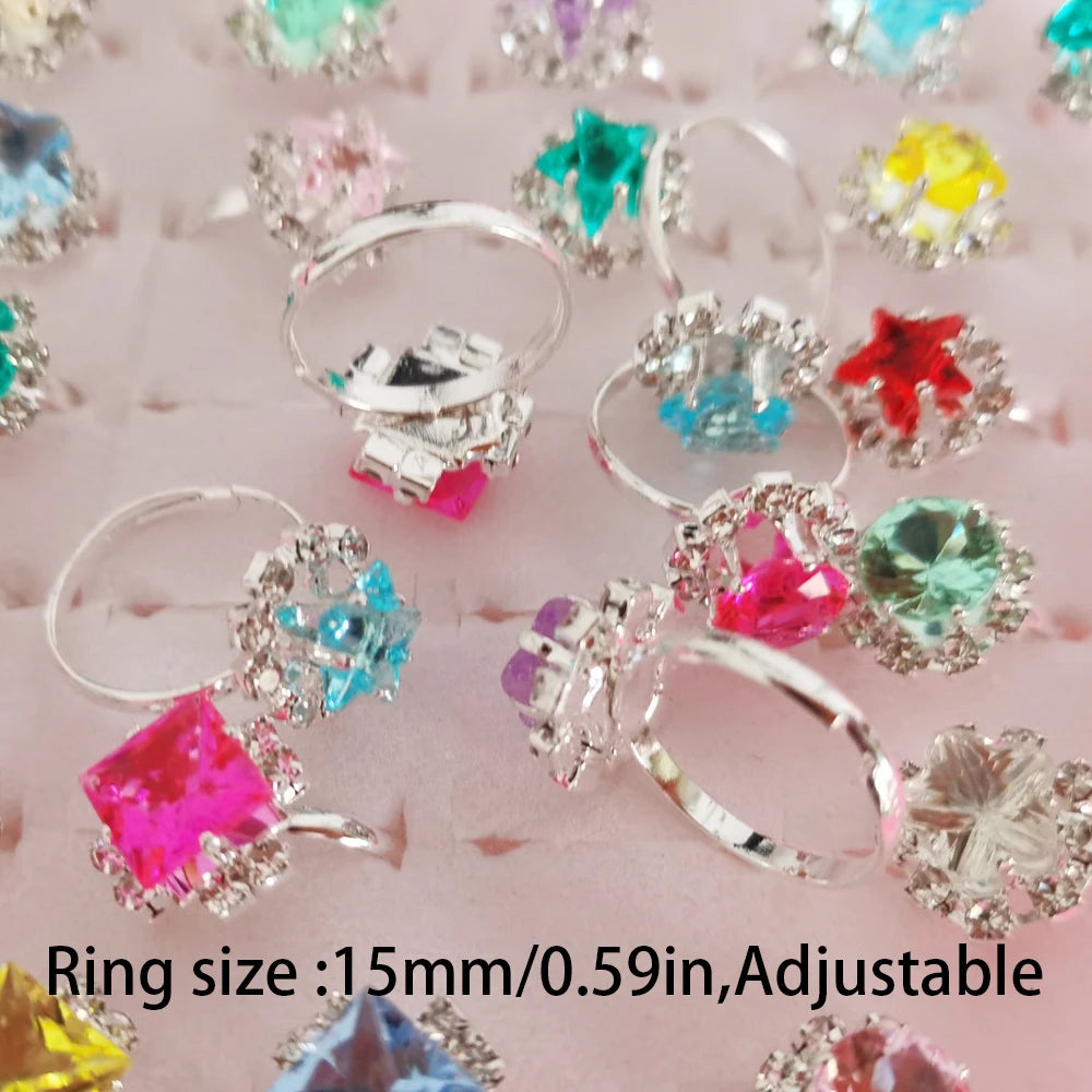 12/36PCS/set Adjustable Kids Crystal Rings Jewelry Heart Star Square Open Finger Ring For Children Girl Party Gift