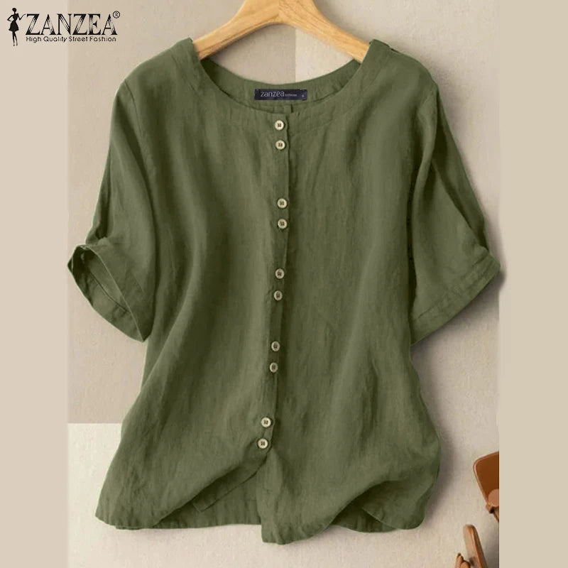 ZANZEA Summer Casual Loose Tunic Tops Women Vintage OL Shirt O Neck Short Sleeve Blouse Solid Cotton Blusas Buttons Down Chemise