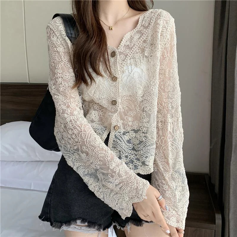 MEXZT Vintage Lace Blouse Women Sheer Long Sleeve Sunscreen Shirt Cardigan Vacation Korean Elegant Casual Sun Protection Top