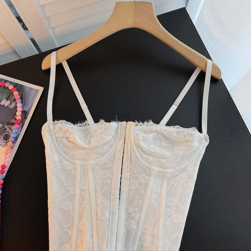 Sexy Embroidery Lace Women Camis Tops Women Corset Bralette Cami Front Buttons Crop Cute Vest Elegant French Chic Party Clubwear