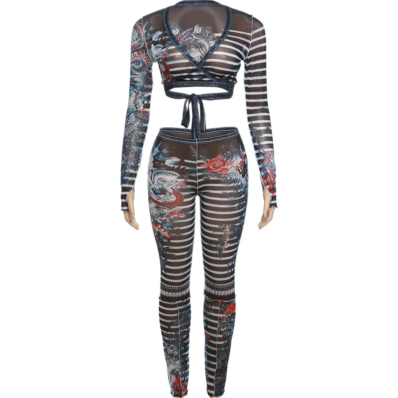 Weird Puss Sexy See Through Women 2 Piece Set Dragon Print Midnight Knot Low-Neck Crop Tops+Leggings Clubwear Matching Outfits